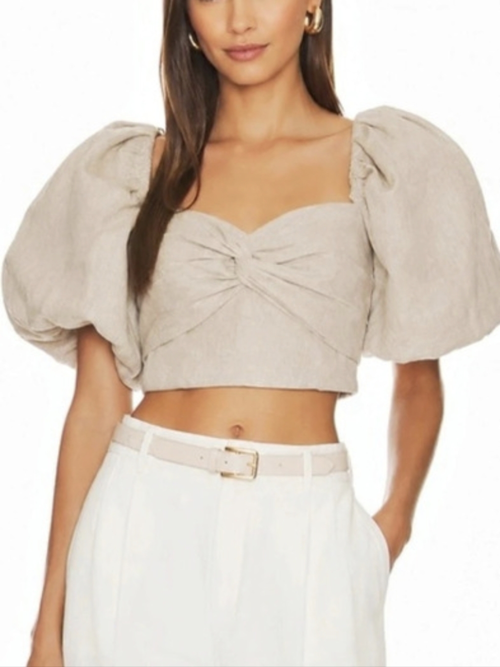 & Other Stories Puff Sleeve Crop Linen Top Beige XS